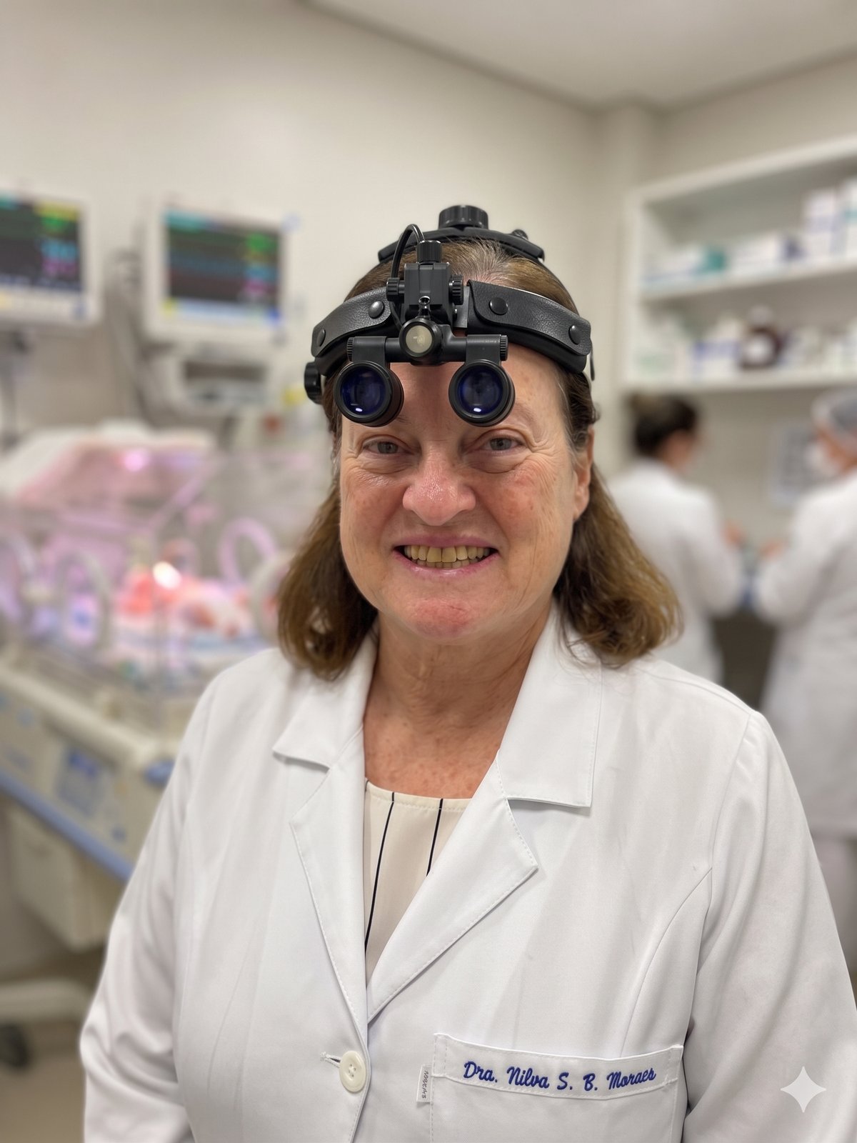 Dra. Nilva S. B. Moraes em UTI neonatal, vestindo jaleco branco e lupa cirúrgica de fronte